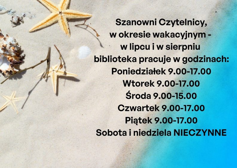 informacja o godzinach otwarcia filii w tle plaża i muszelki