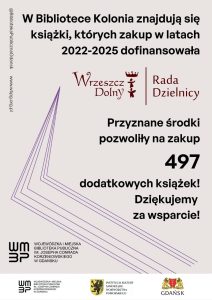 plakat z podziękowaniem dla Rady Dzielnicy Wrzeszcz Dolny z podziękowaniem za dofinansowania zakupów książek