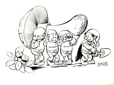 Czarno-biały rysunek krasnali niosących muchomora