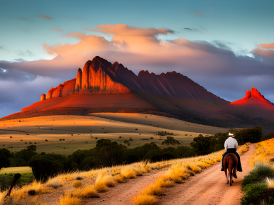Jeździec na koniu jadący w stronę gór