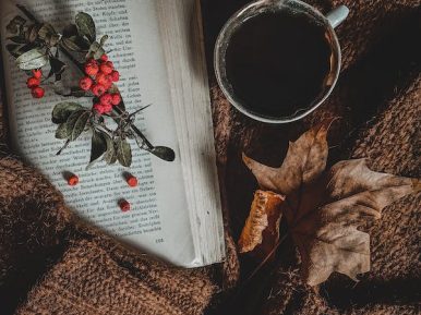 Książka z gałązką jarzębiny, kubek z herbatą oraz jesienny liść na tle brązowej dzianiny