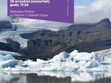 Plakat informujący o spotkaniu z Wiesławą Nowakowską. W tle piękna Islandia.