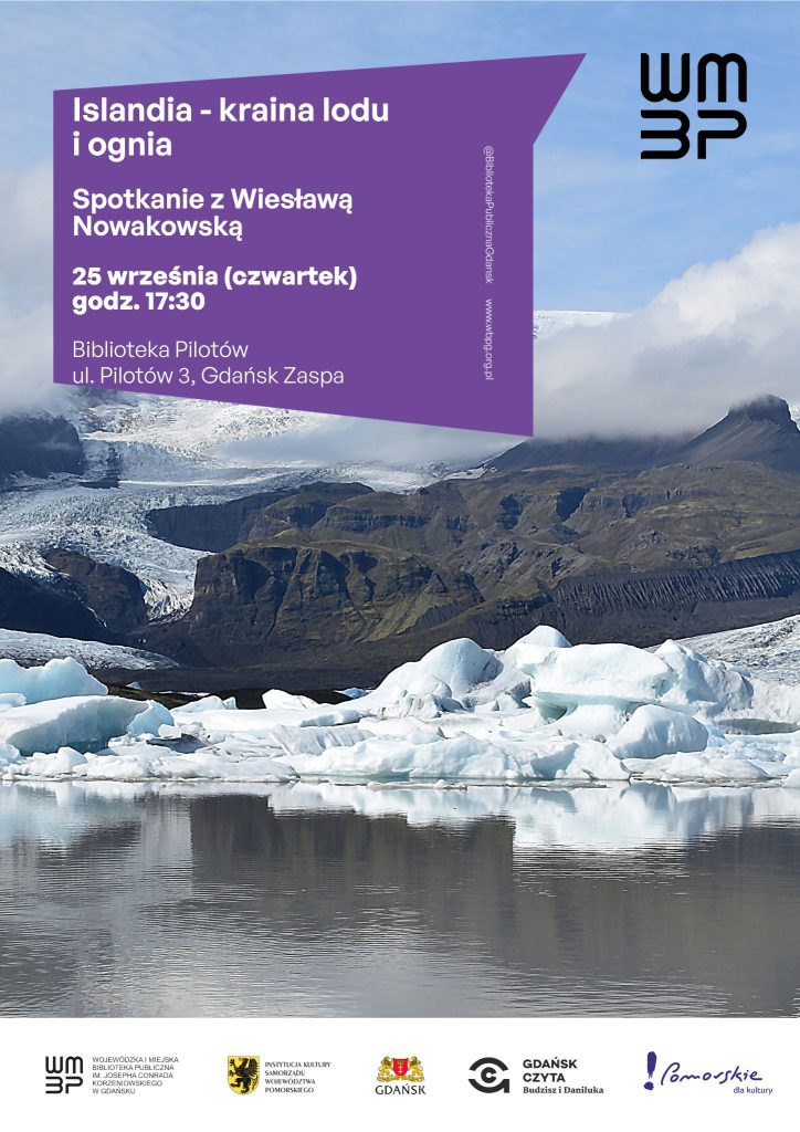 Plakat informujący o spotkaniu z Wiesławą Nowakowską. W tle piękna Islandia.