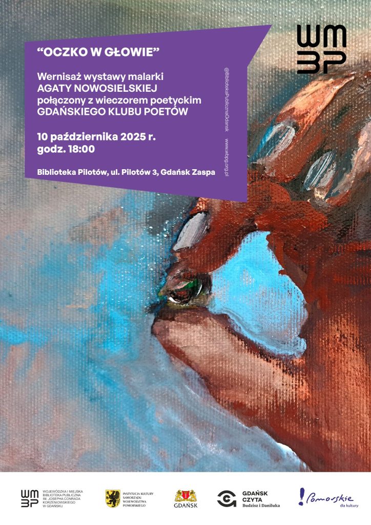 Plakat informujący o wystawie malarstwa AGATY NOWOSIELSKIEJ. Na plakacie widać fragment dłoni na kolorowym tle.