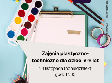 Plakat przedstawia przybory plastyczne na niebieskim tle. W centrum plakatu znajduje się kwadrat z informacjami na temat warsztatów.