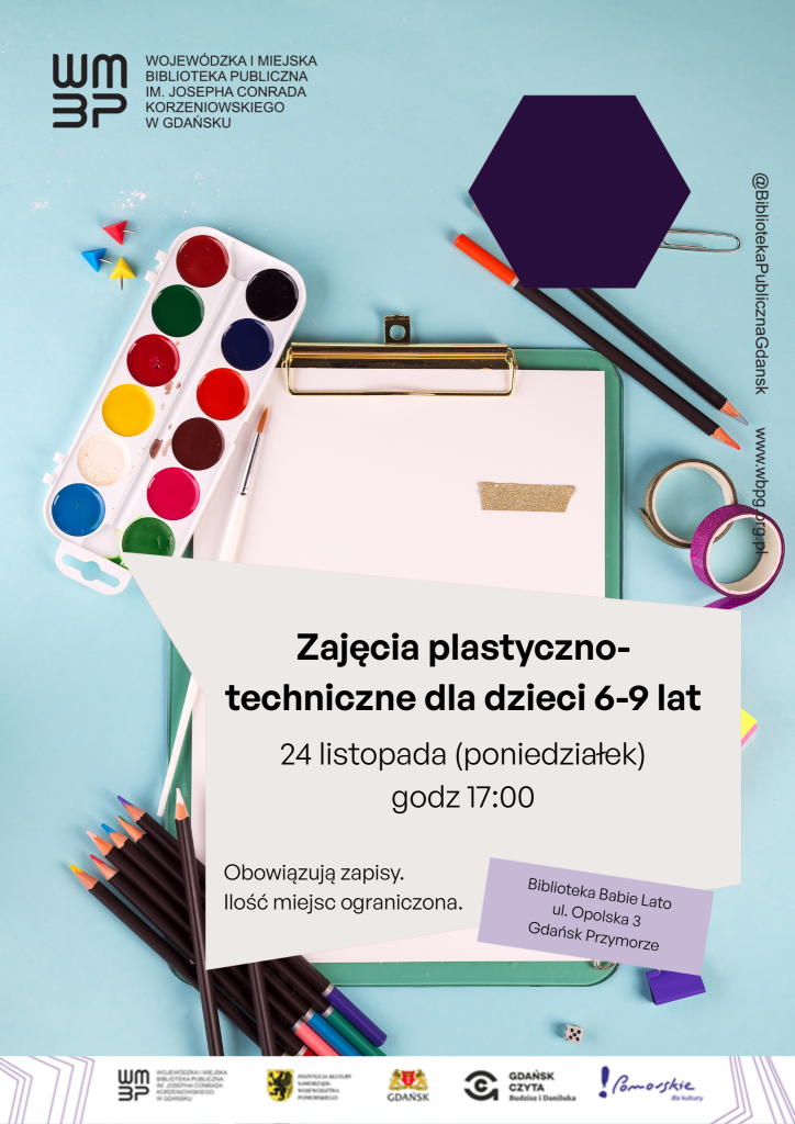 Plakat przedstawia przybory plastyczne na niebieskim tle. W centrum plakatu znajduje się kwadrat z informacjami na temat warsztatów.