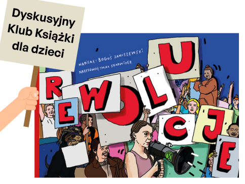Okładka książki "Rewolucje" i ręka z tabliczką
