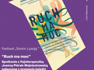 Plakat informujący o spotkaniu z fizjoterapeutką Joanną Piórek-Wojciechowską