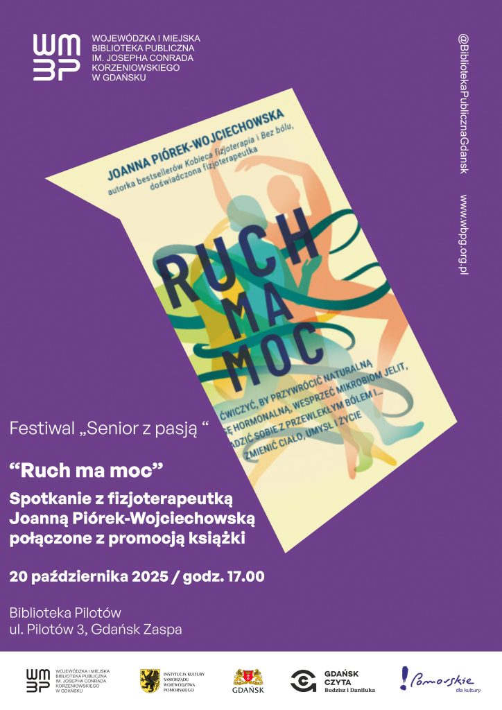 Plakat informujący o spotkaniu z fizjoterapeutką Joanną Piórek-Wojciechowską