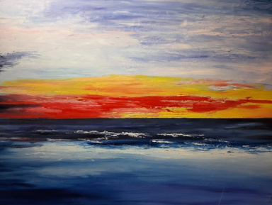 Obraz przedstawiający zachód słońca nad morzem