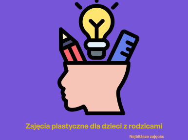 Głowa z kredką, żarówką i linijką w środku na fioletowym tle