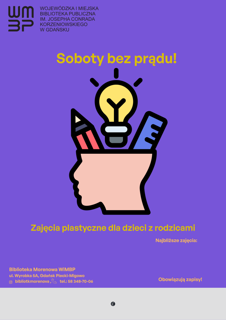 Głowa z kredką, żarówką i linijką w środku na fioletowym tle