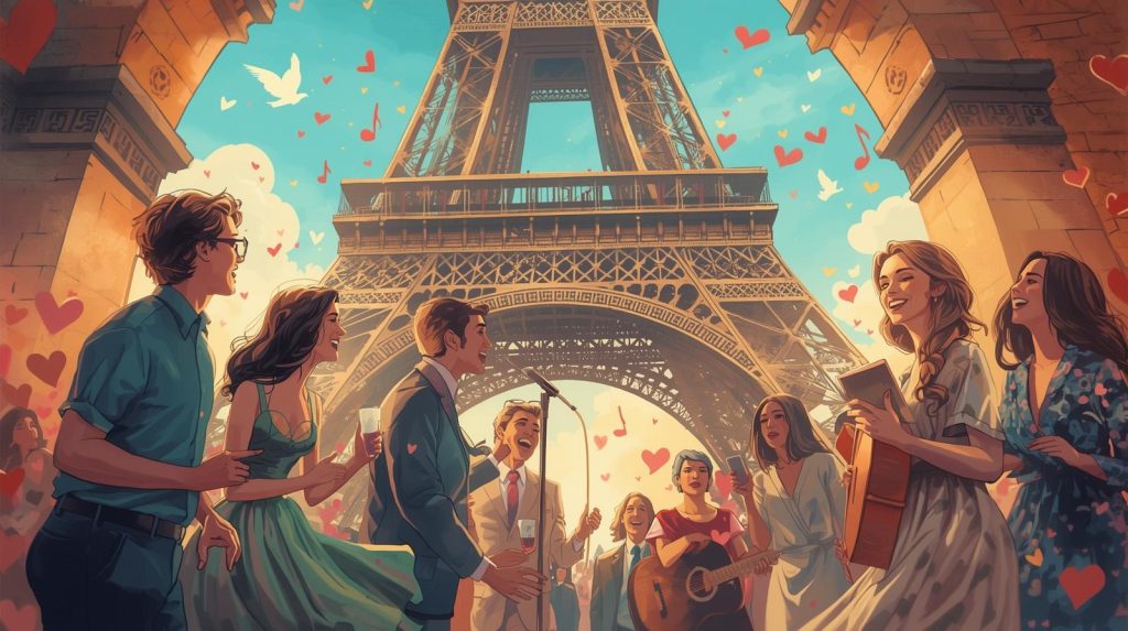 Tłum ludzi śpiewa piosenki o miłości, w tle wieża Eiffla.