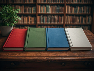 Zamknięte książki w okładkach w kolorach: czerwony, zielony, niebieski, biały.