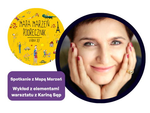 Twarz Kariny Sęp i okładka jej książki