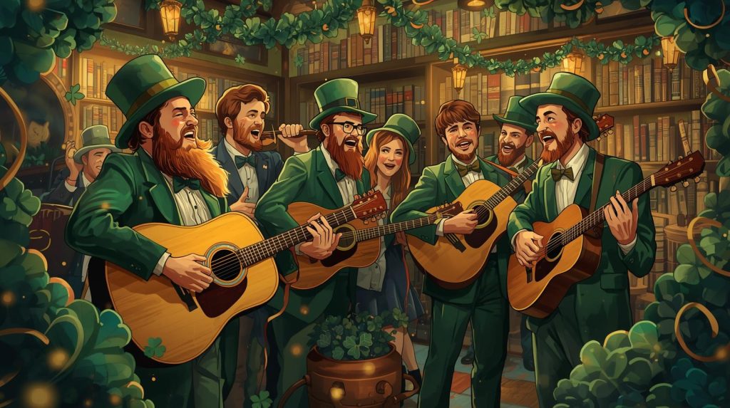 Grupa ludzi w zielonych strojach gra na gitarach i śpiewa.