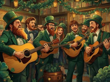 Grupa ludzi w zielonych strojach gra na gitarach i śpiewa.