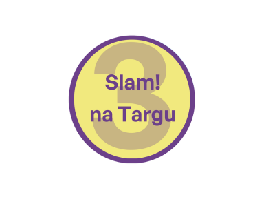 Fioletowe koło,w środku żółte. W środku szara cyfra 3. Informacja o slamie poetyckim