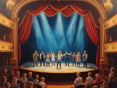 Na obrazku widzimy scenę dużego teatru na której aktorzy grają spektakl. Widownię stanowią dzieci. Nad sceną unosi się piękna, czerwona kotara. Po obu stronach widać balkony z widownią. Teatr przypomina włoski obiekt La Scala.