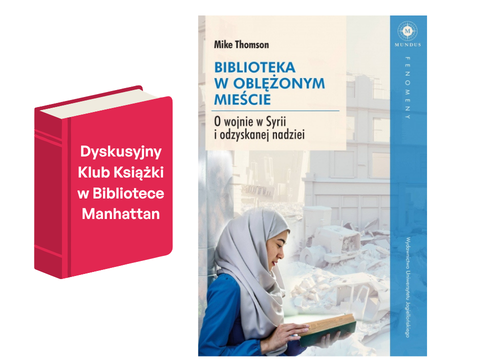 Okładka książki z kobietą z książką na tle ruin
