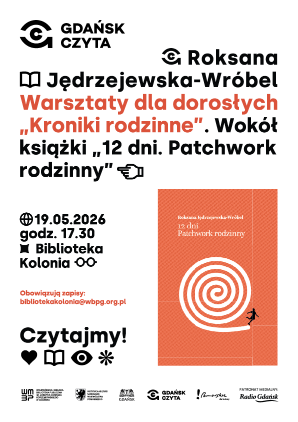 Plakat z informacją o wydarzeniu zawierający okładkę książki Roksany Jędrzejewskiej-Wróbel