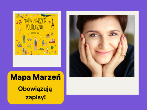Zdjęcie uśmiechniętej Kariny Sęp i okładka jej książki