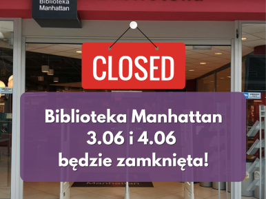 informacja o zamknięciu na tle wejścia do biblioteki