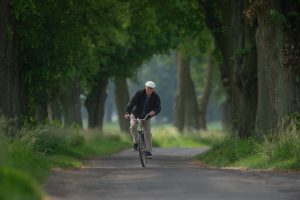 Marek Stokowski jadący na rowerze drogą - aleją z drzewami.