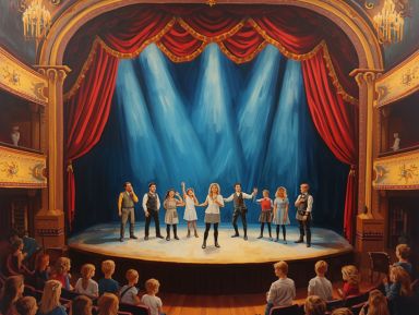 Na obrazku widzimy scenę teatralną na której stoją aktorzy. Widownię stanowią dzieci. Wnętrze teatru przypomina włoską La Scalę.