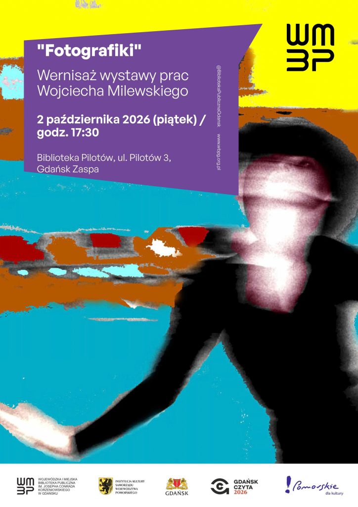 Plakat informujący o wernisażu wystawy prac Wojciecha Milewskiego. W tle plakatu kolorowe zdjęcie jednej z prac autora.