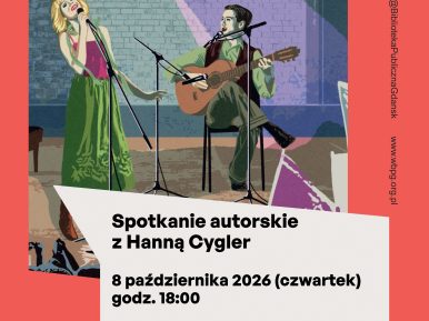 Zdjęcie plakatu informującego o spotkaniu autorskim z Hanną Cygler. Na plakacie fragment okładki książki "Wieczna huśtawka".