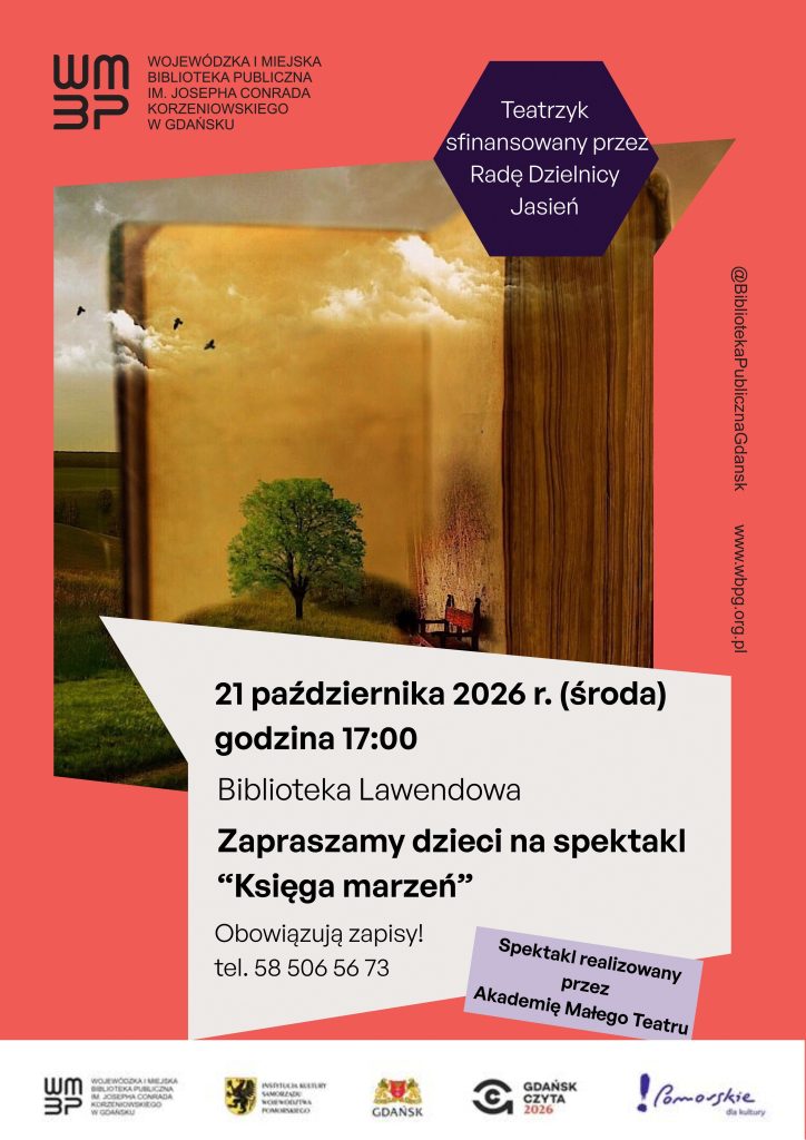 plakat informacyjny z otwartą książką w tle