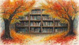 Po bokach drzewa w jesiennych kolorach, w tle regał biblioteczny z książkami.