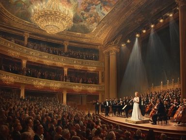 Na obrazku widać scenę wielkiego Teatru czy Opery w stylu La Scali. Na scenie stoi śpiewaczka operowa w białej sukni. Towarzyszy jej orkiestra symfoniczna. Widownia jest wypełniona po brzegi.